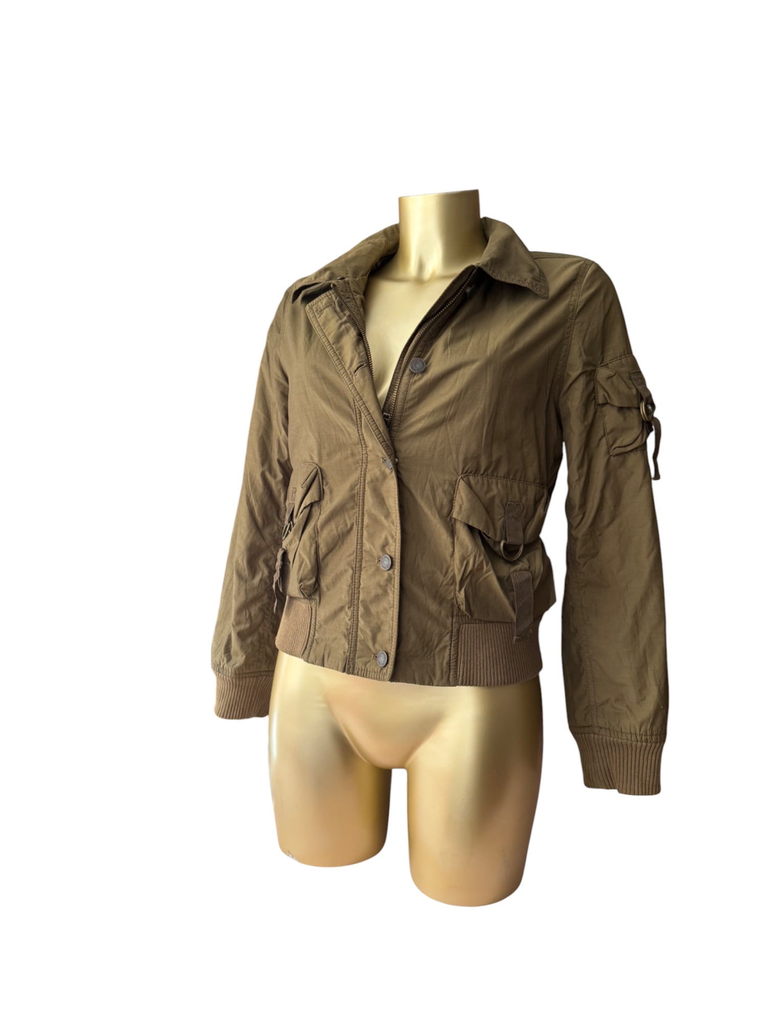 Khaki utility zip up biker jacket (M)