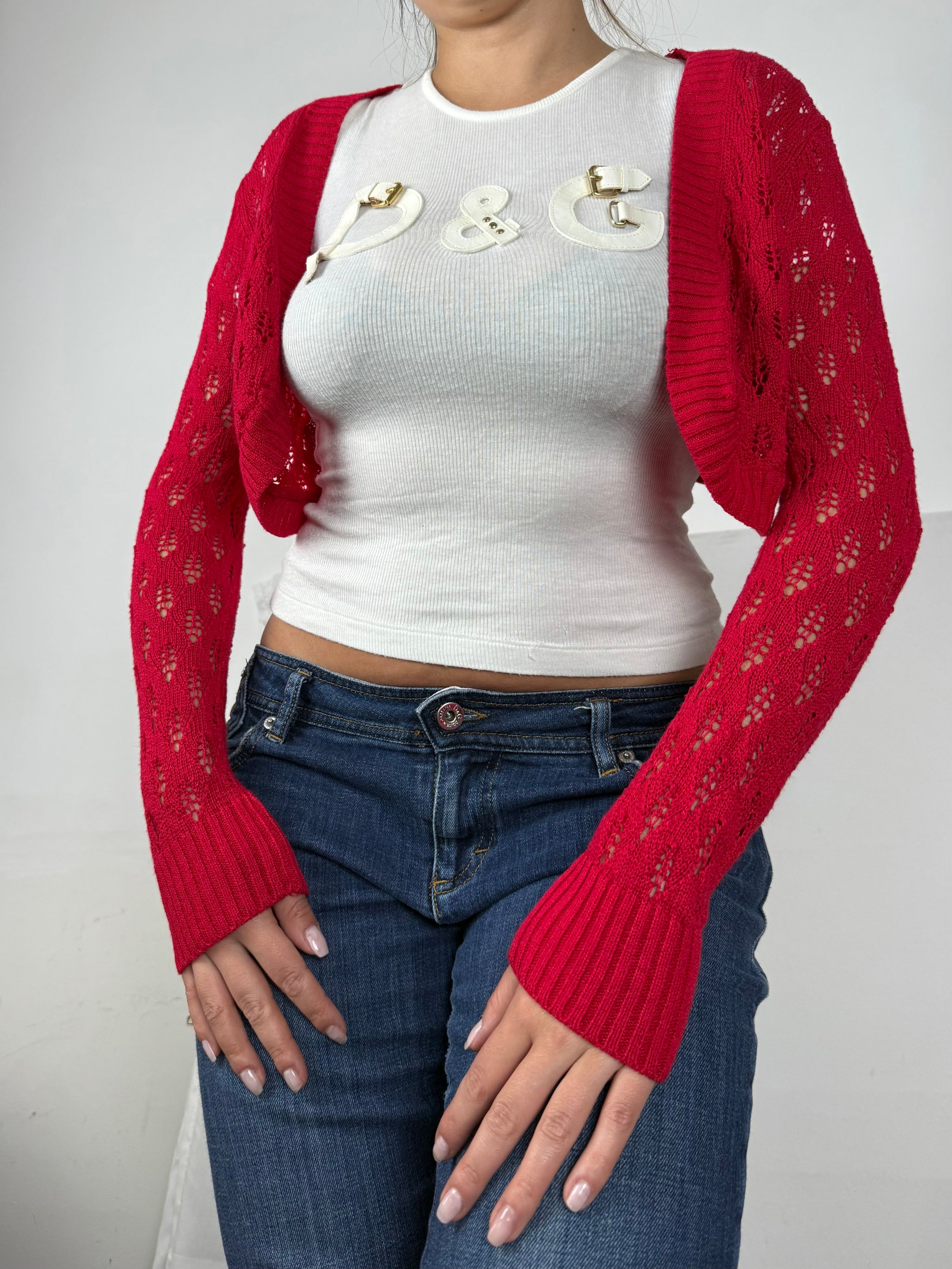 Red crochet linen & cotton bolero top (S/M)