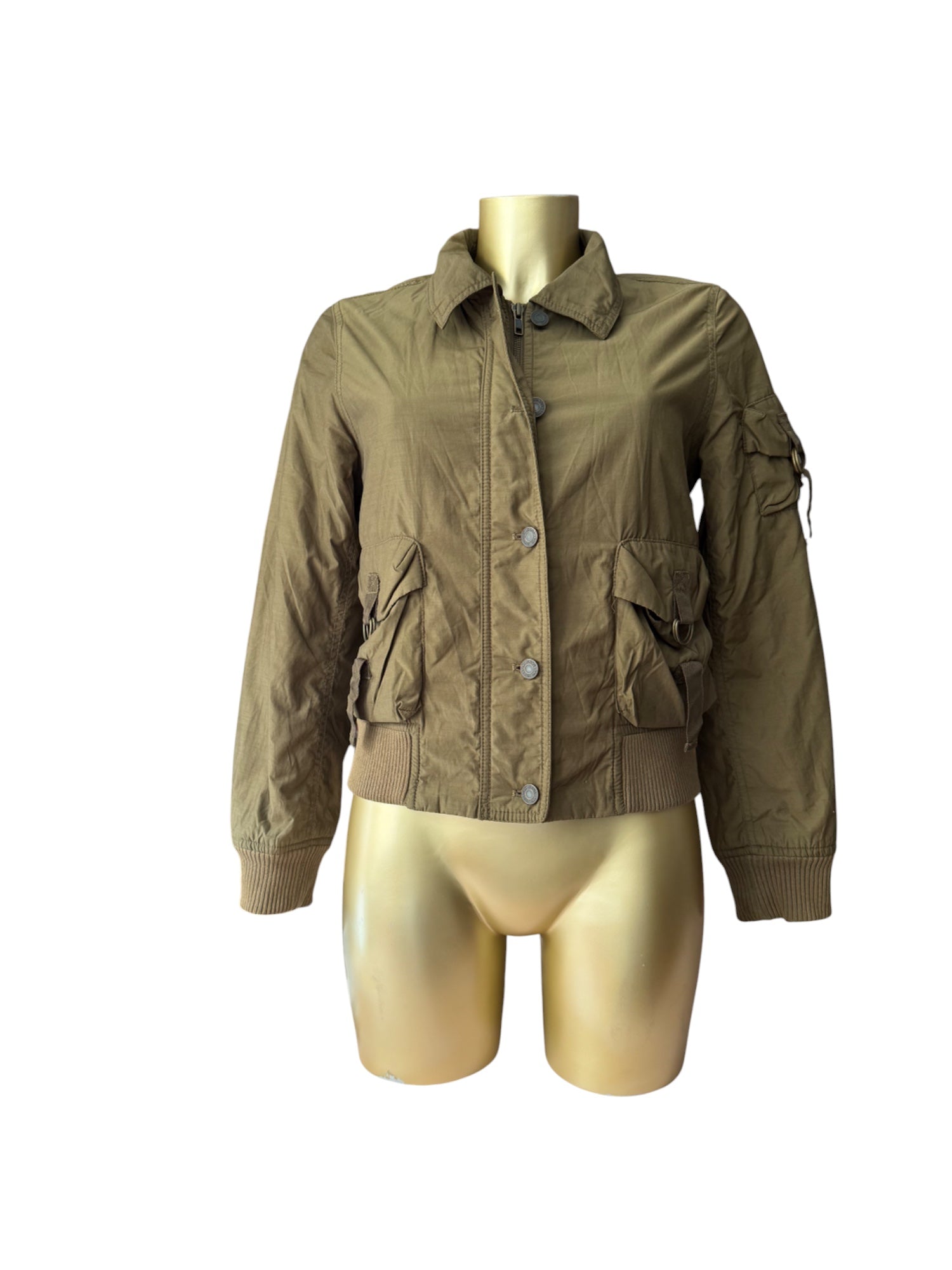 Khaki utility zip up biker jacket (M)