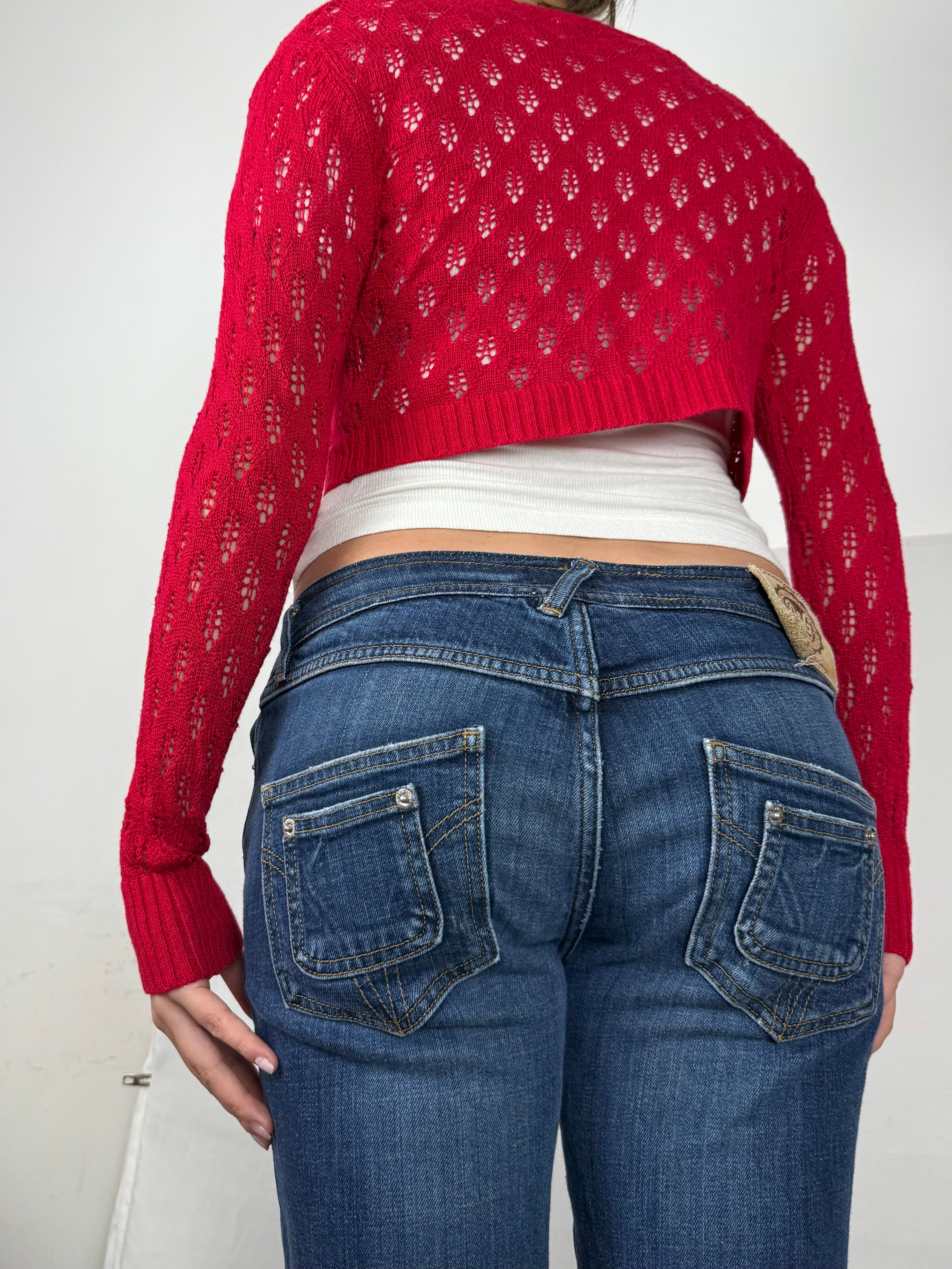 Red crochet linen & cotton bolero top (S/M)