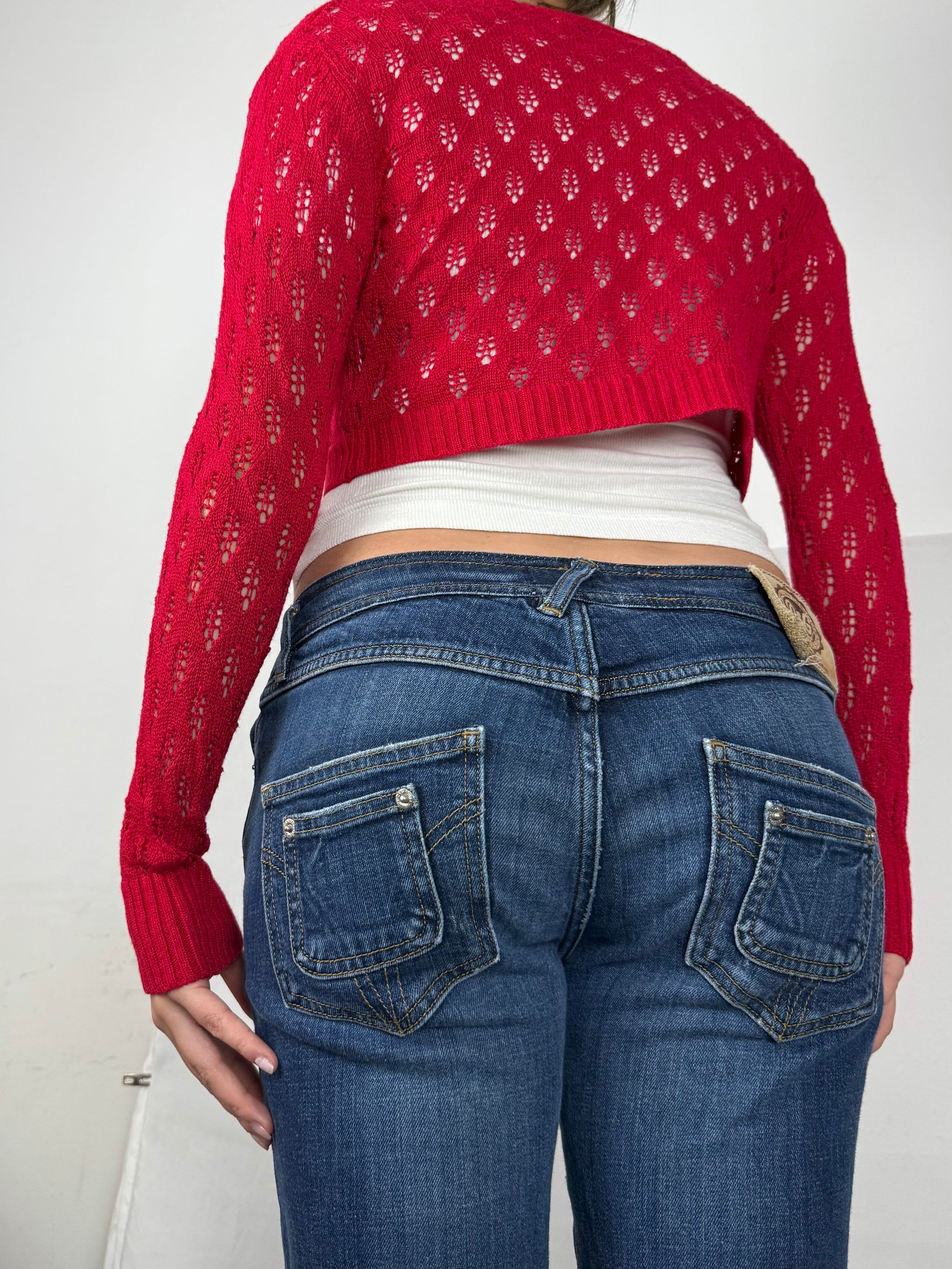 Red crochet linen & cotton bolero top (S/M)
