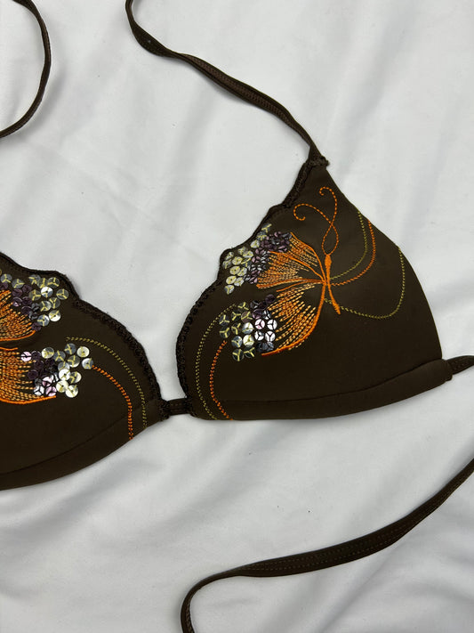 Brown sequins graphic pads bikini top (S/M)