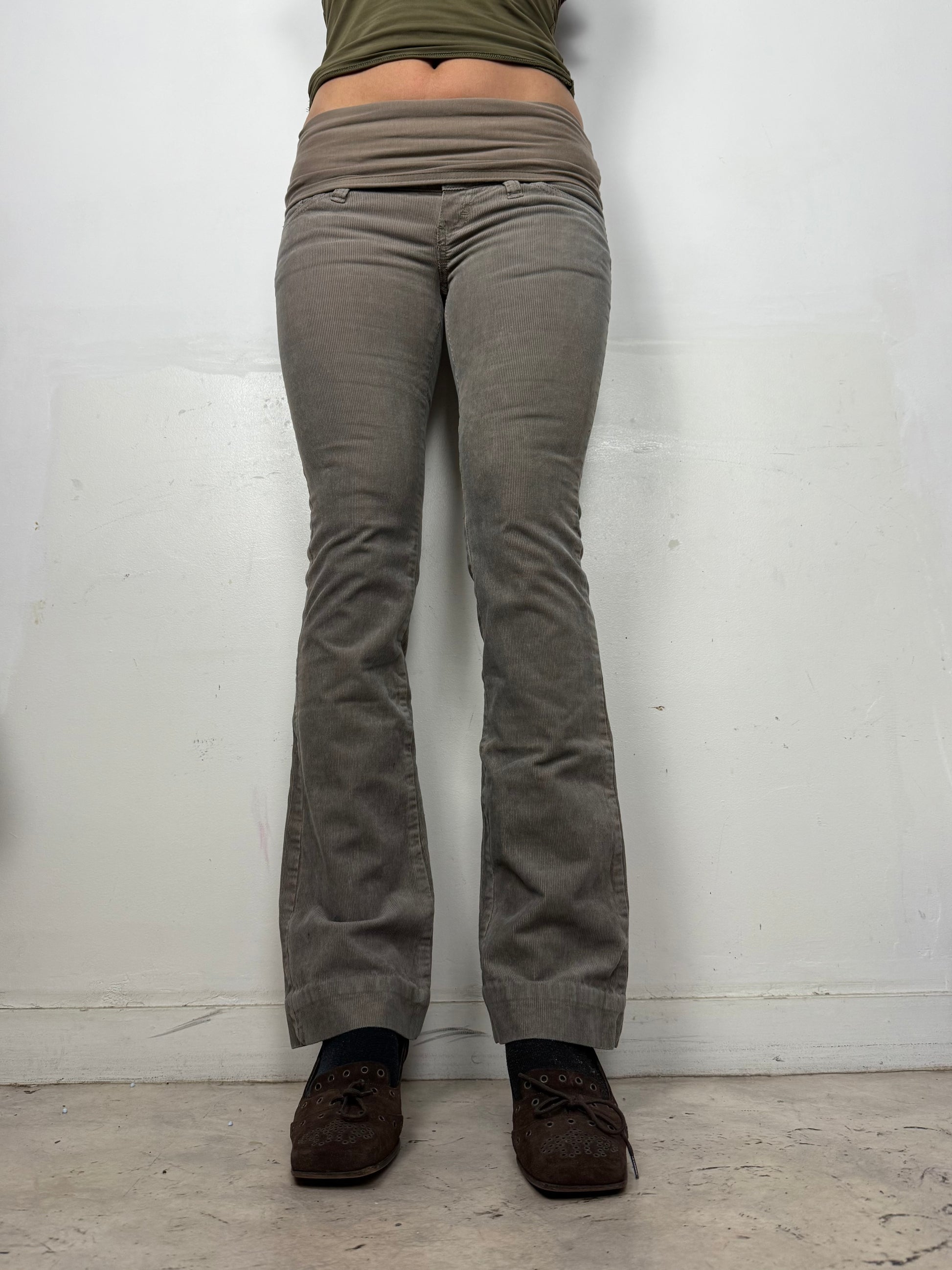 Khaki velvet ribbed denim low rise bootcut pants (XS/S)
