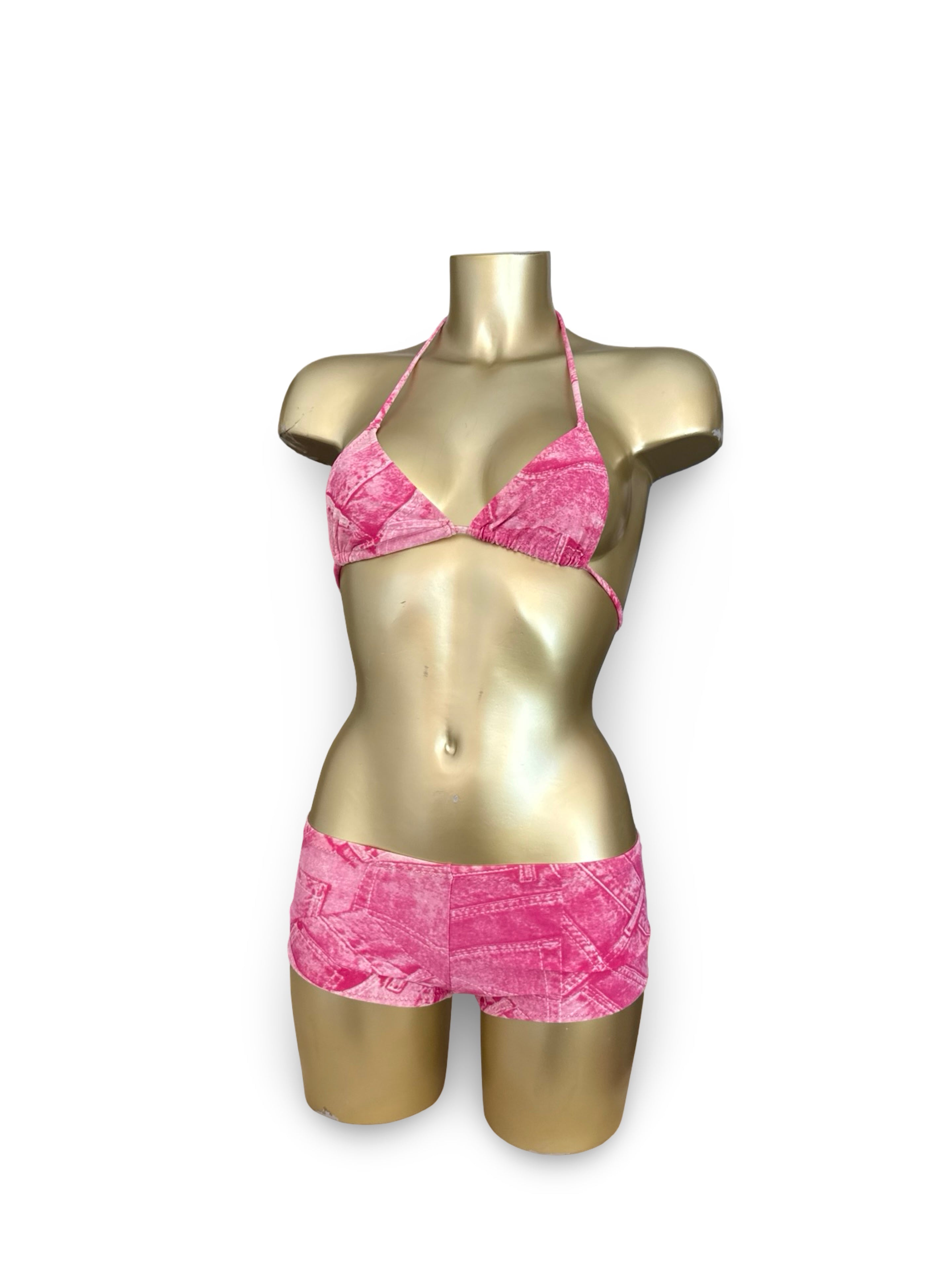 Pink denim print low rise shorty bikini set (XS)