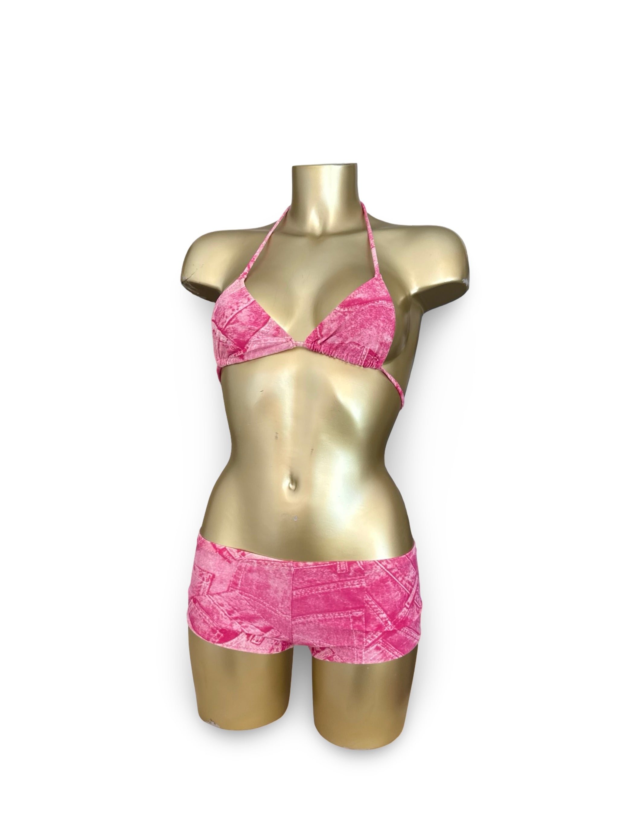 Pink denim print low rise shorty bikini set (XS)