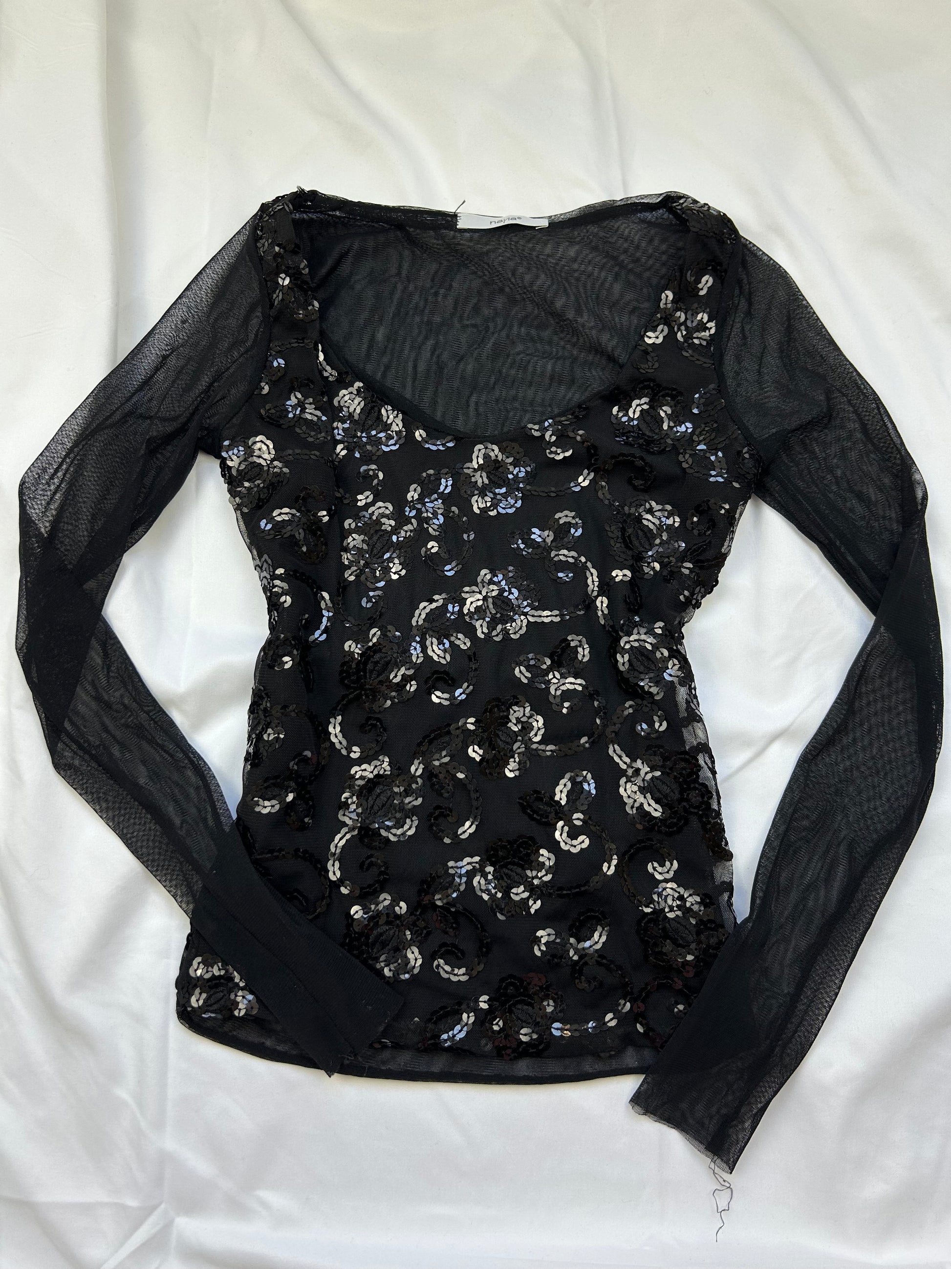 Black mesh sequins long sleeves top (XS)
