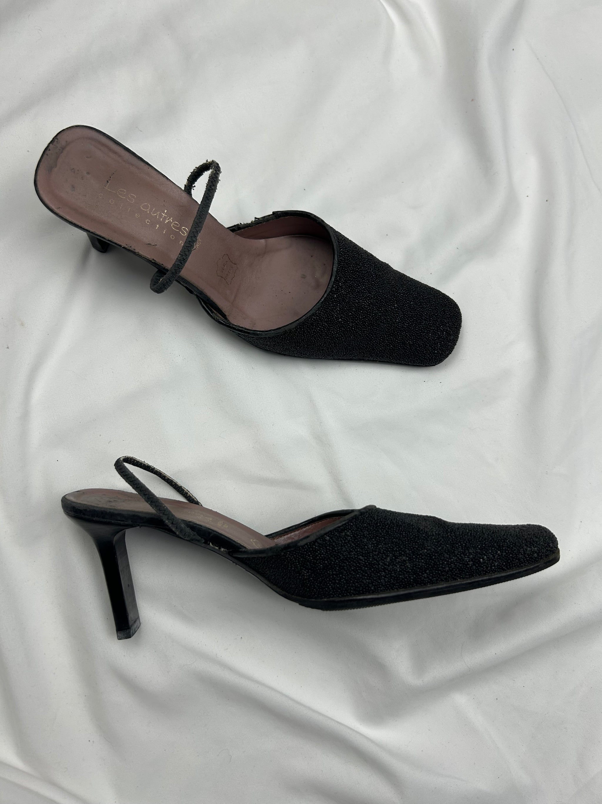 Black sequins square toes 100% leather  kitten heels (37)