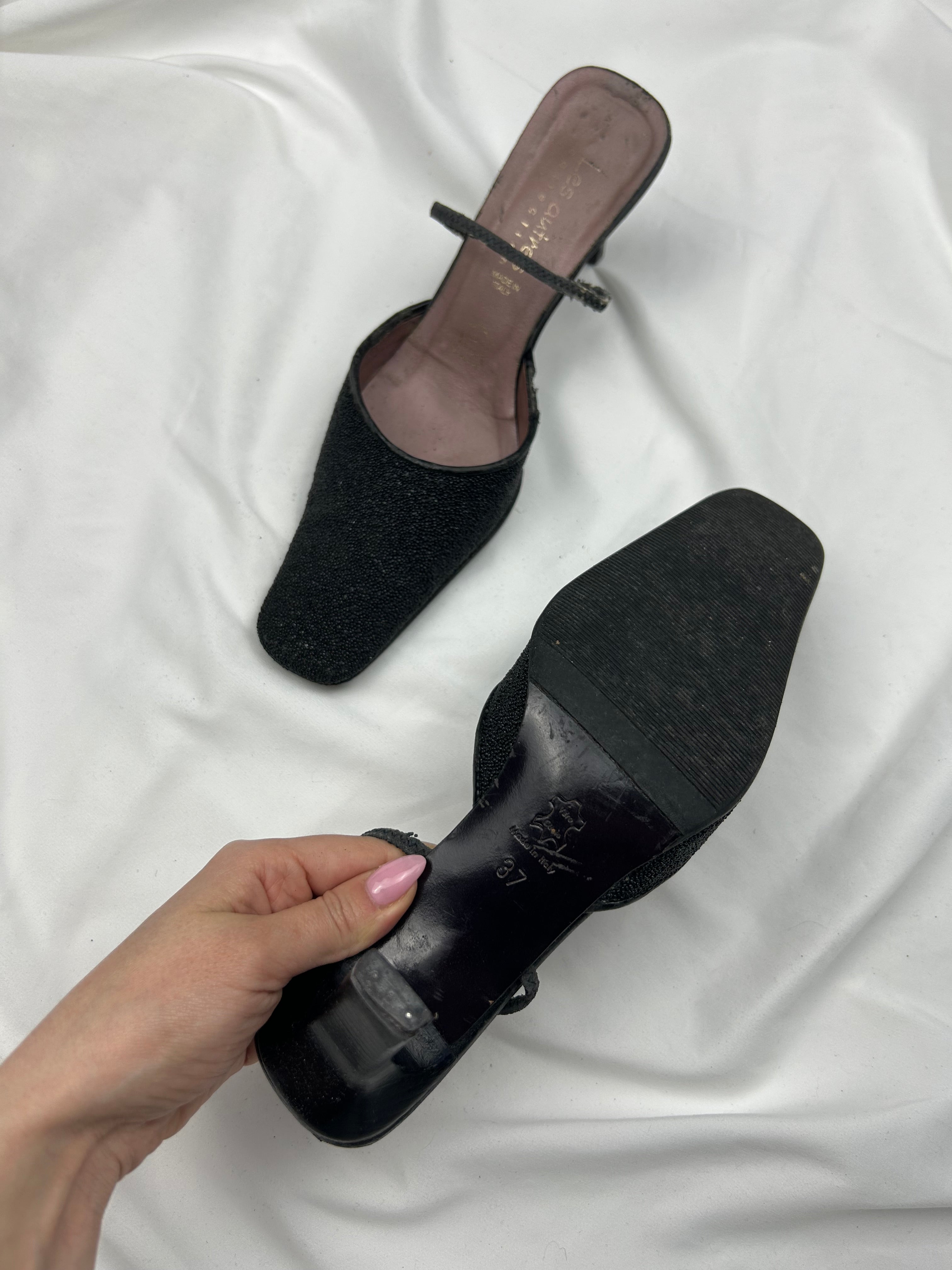 Black sequins square toes 100% leather  kitten heels (37)