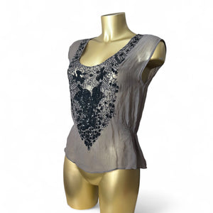 Khaki mesh pearls top (S/M)