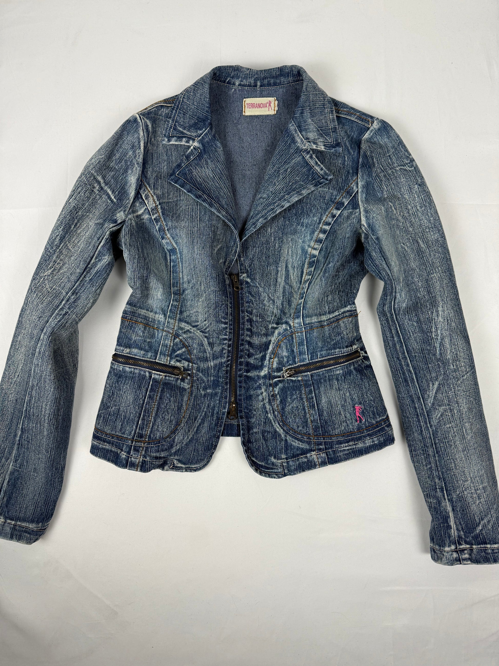 Blue denim zip up tight fit biker jacket (S/M)