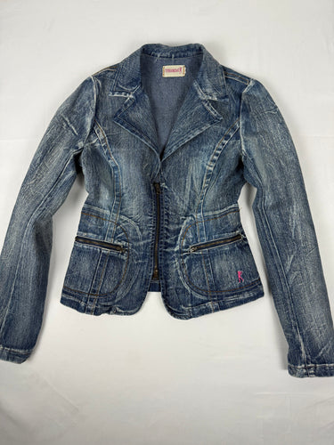 Blue denim zip up tight fit biker jacket (S/M)