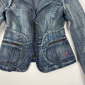Blue denim zip up tight fit biker jacket (S/M)