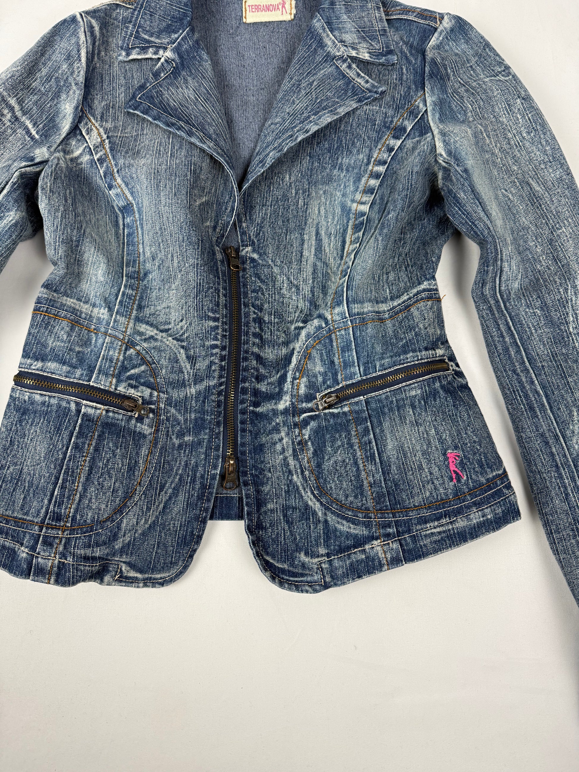 Blue denim zip up tight fit biker jacket (S/M)