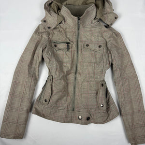 Khaki check print hooded zip up tight fit biker jacket (M)