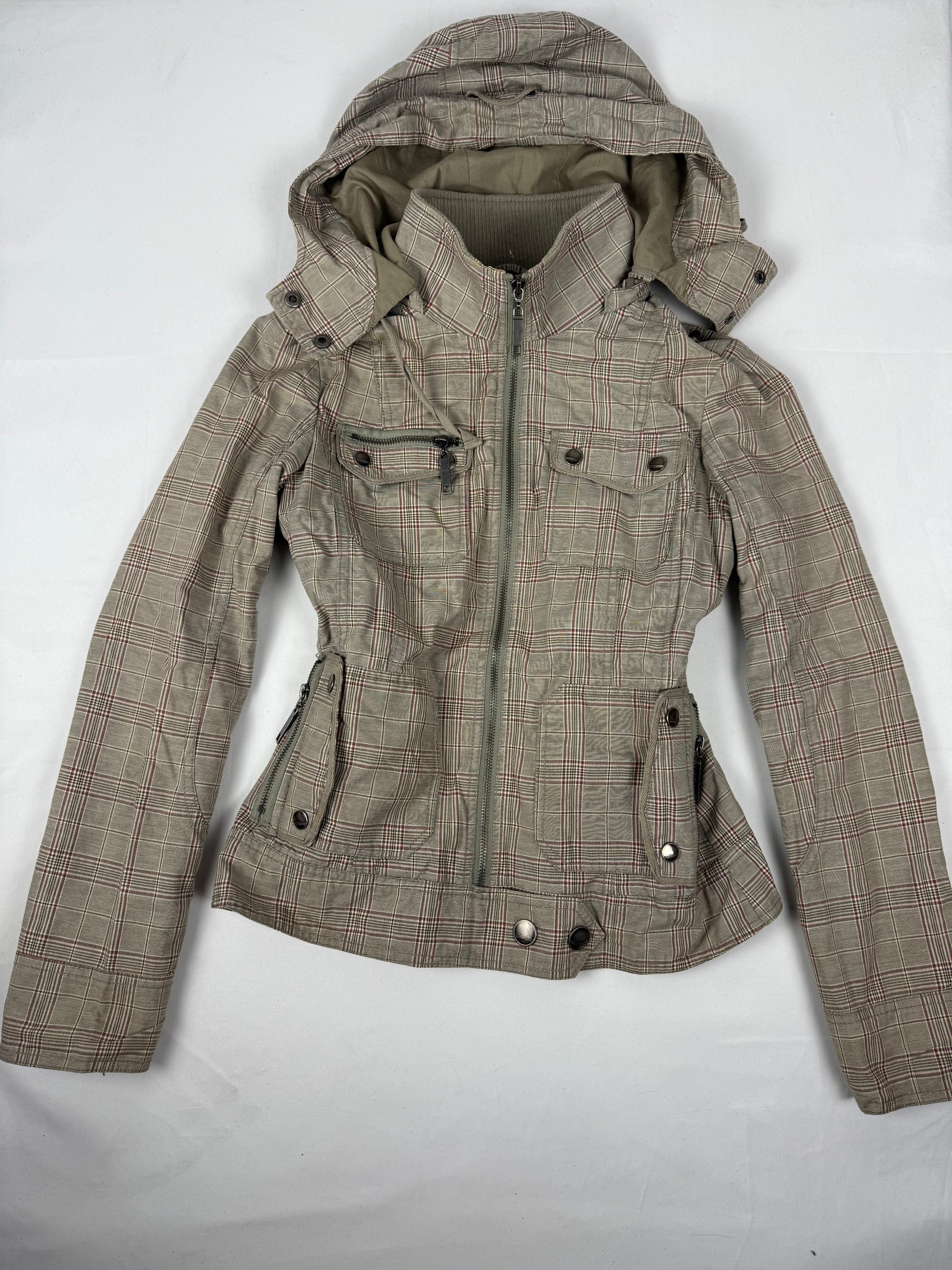 Khaki check print hooded zip up tight fit biker jacket (M)