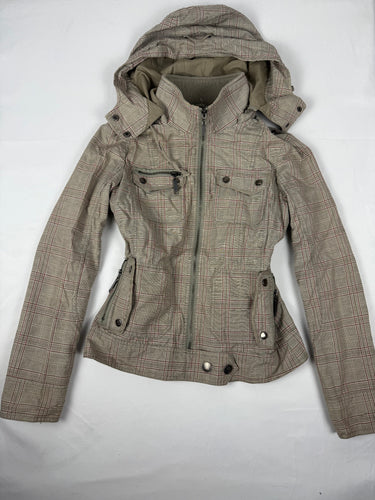 Khaki check print hooded zip up tight fit biker jacket (M)