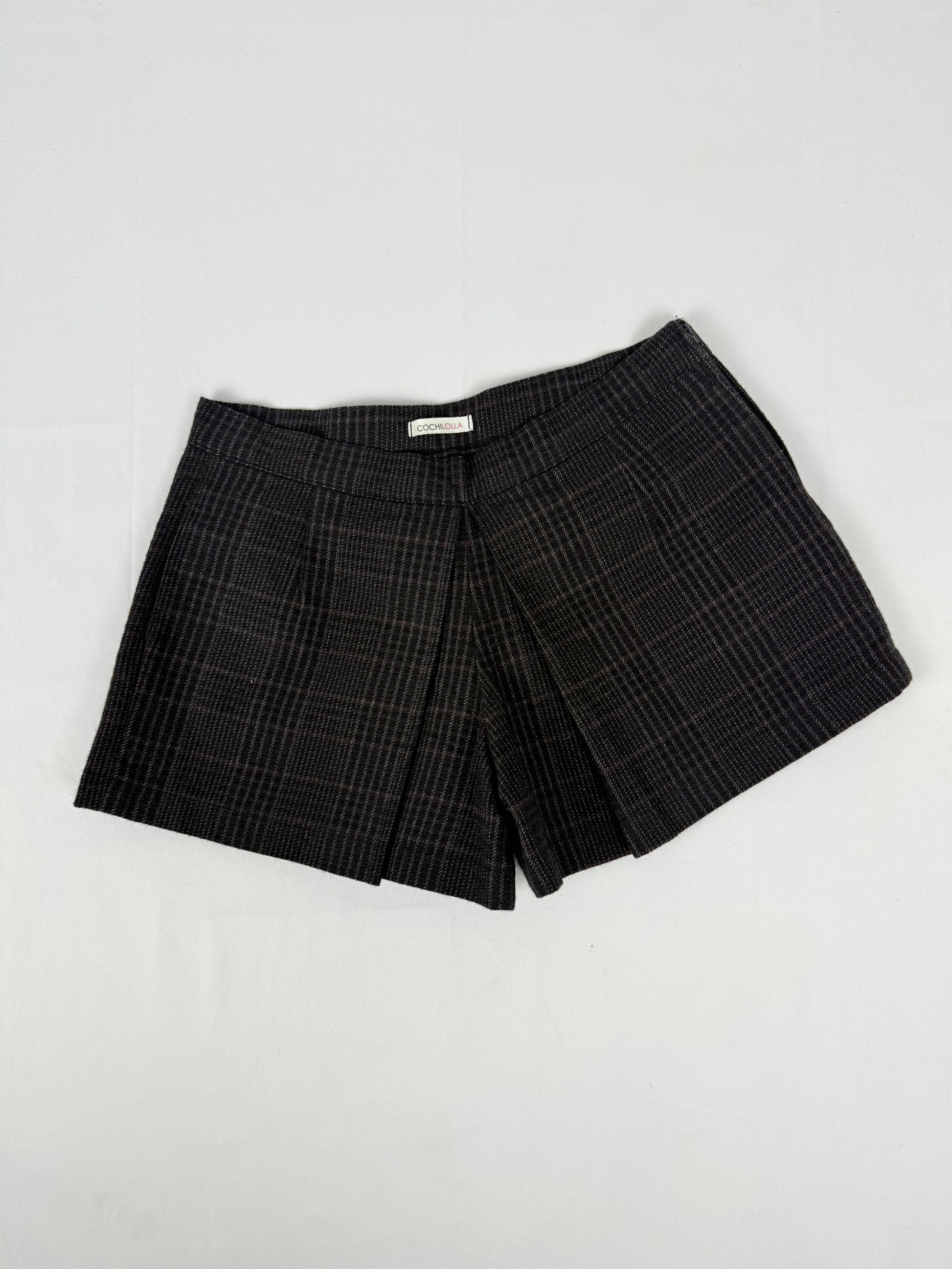 Brown check print office mini skirt (S)