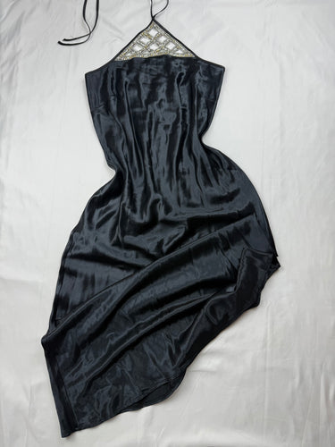 Black pearls halter silky maxi dress (M)
