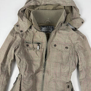 Khaki check print hooded zip up tight fit biker jacket (M)