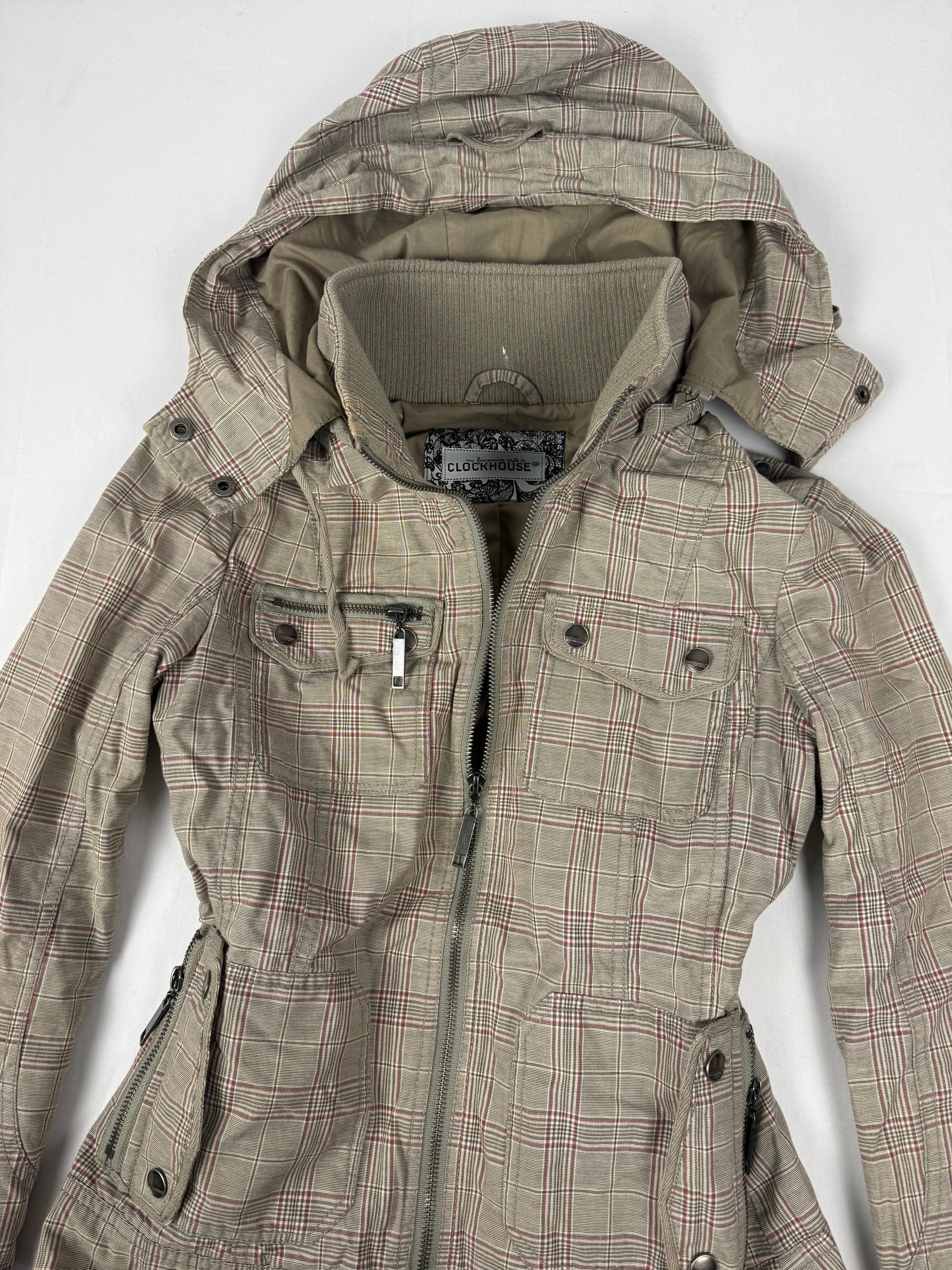 Khaki check print hooded zip up tight fit biker jacket (M)