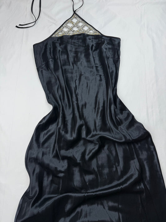 Black pearls halter silky maxi dress (M)