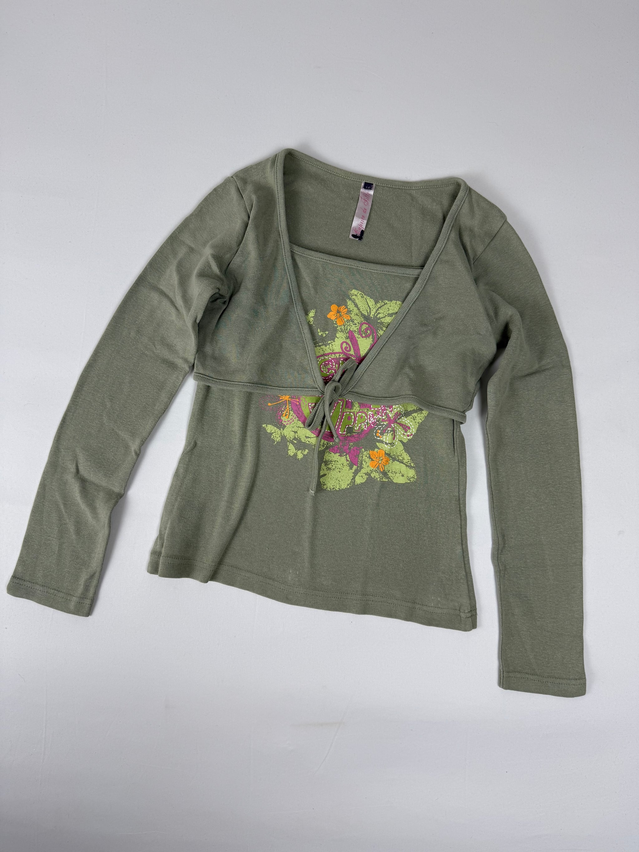 Khaki tie up bolero long sleeves top (S)