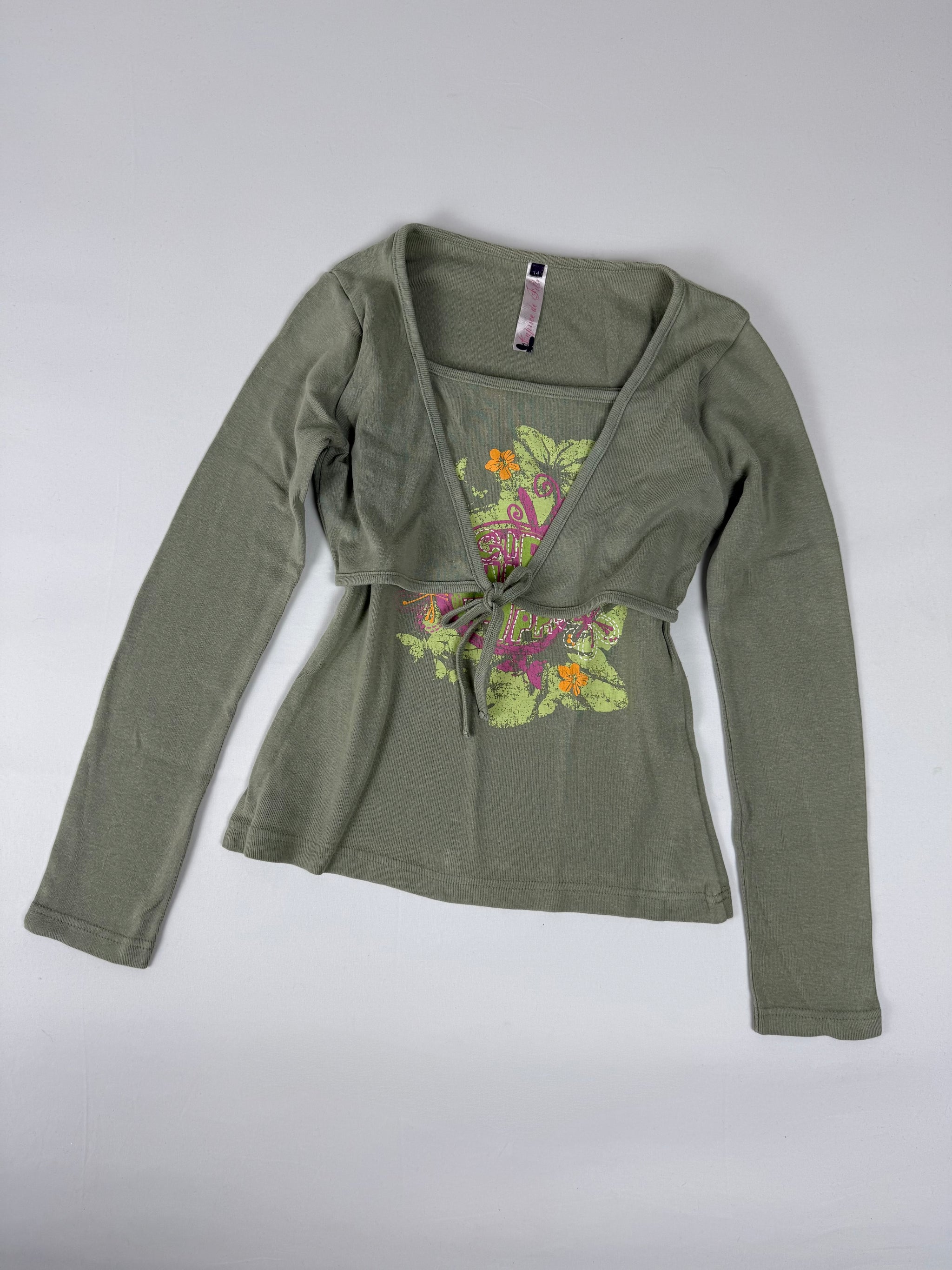 Khaki tie up bolero long sleeves top (S)