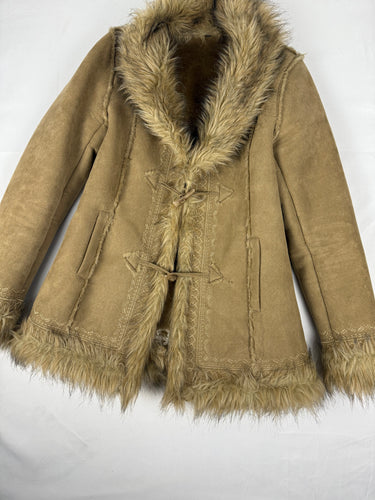 Beige inside fleece faux fur neck suede afghan coat (M/L)
