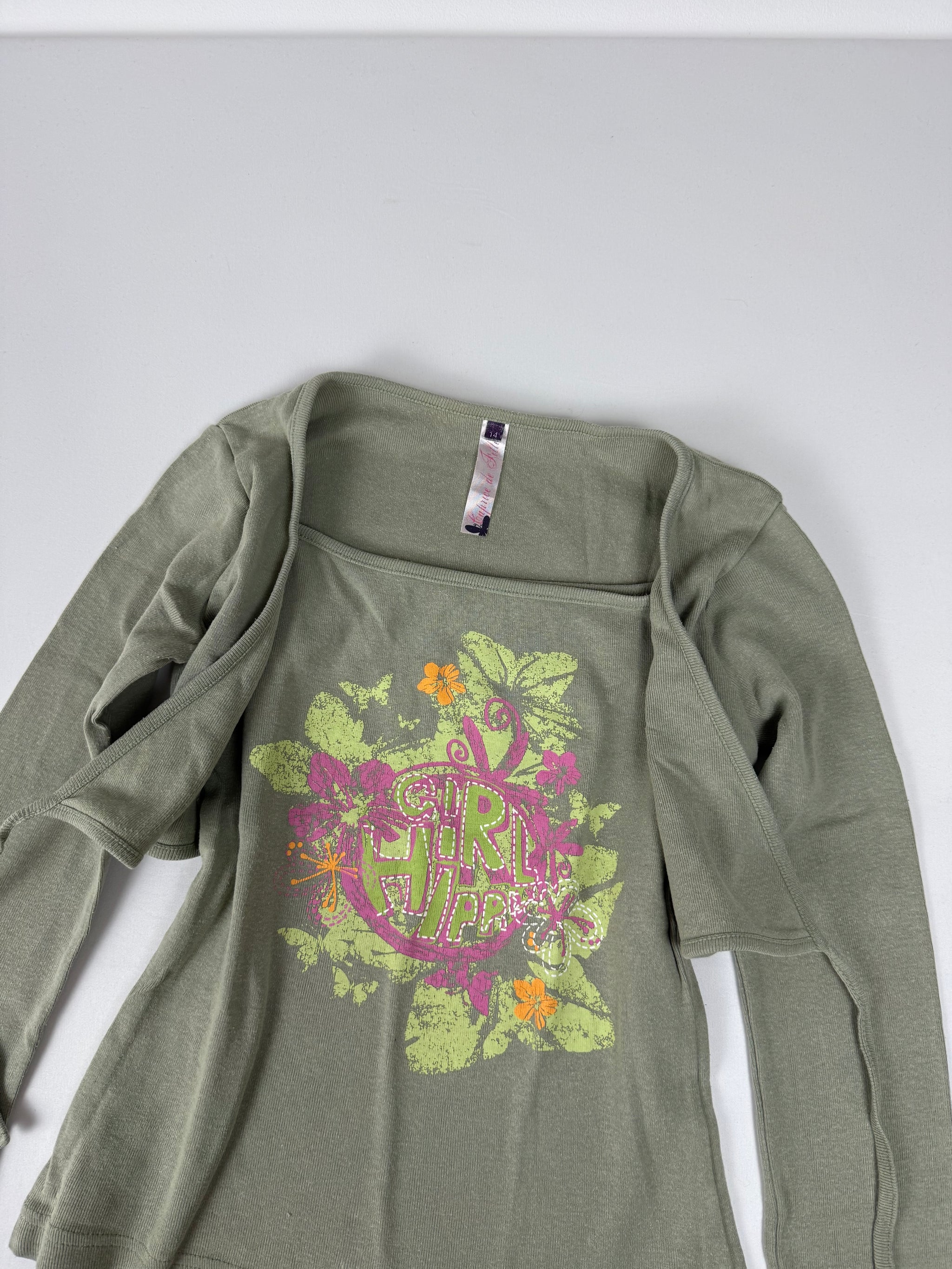 Khaki tie up bolero long sleeves top (S)