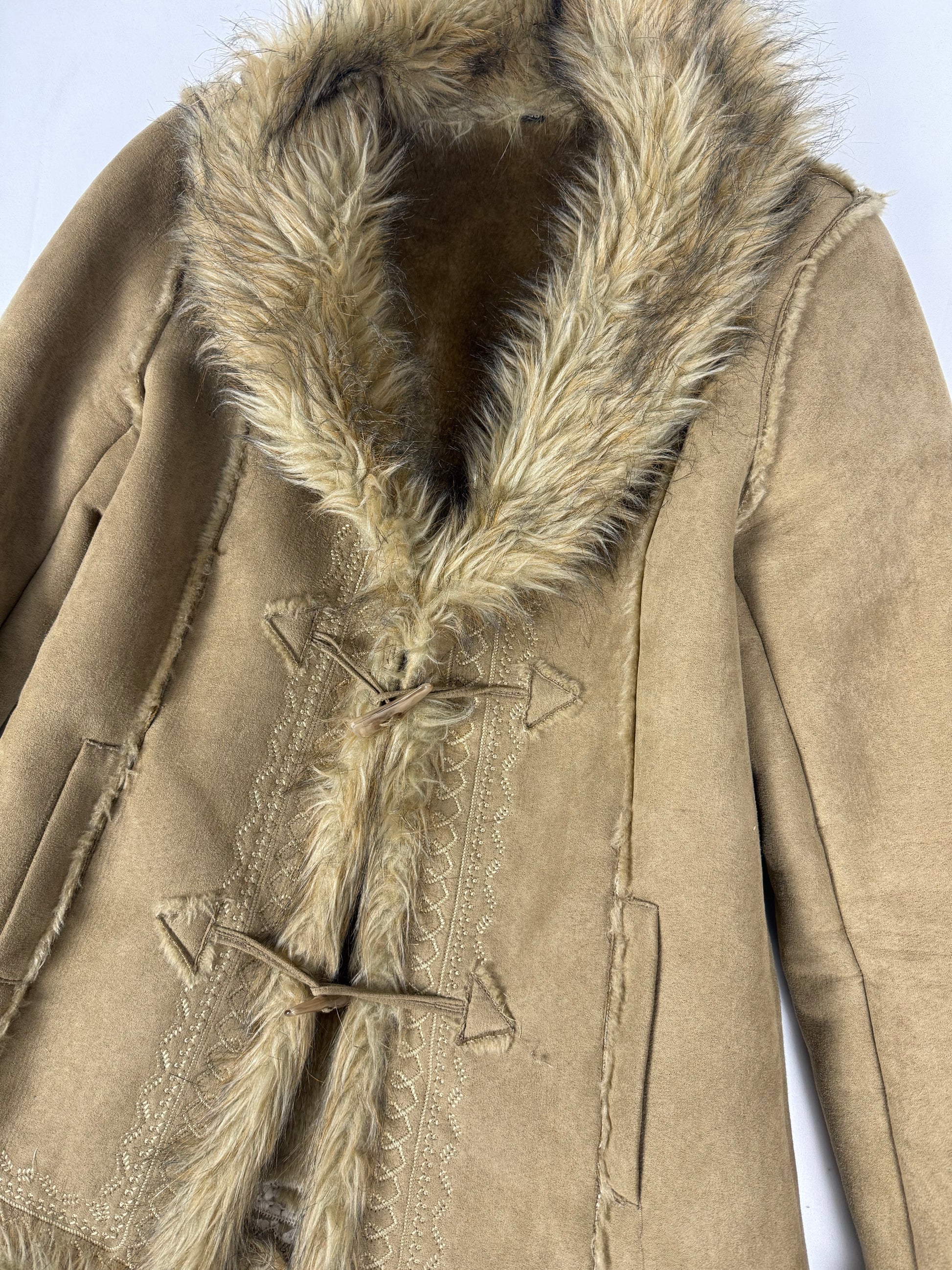Beige inside fleece faux fur neck suede afghan coat (M/L)
