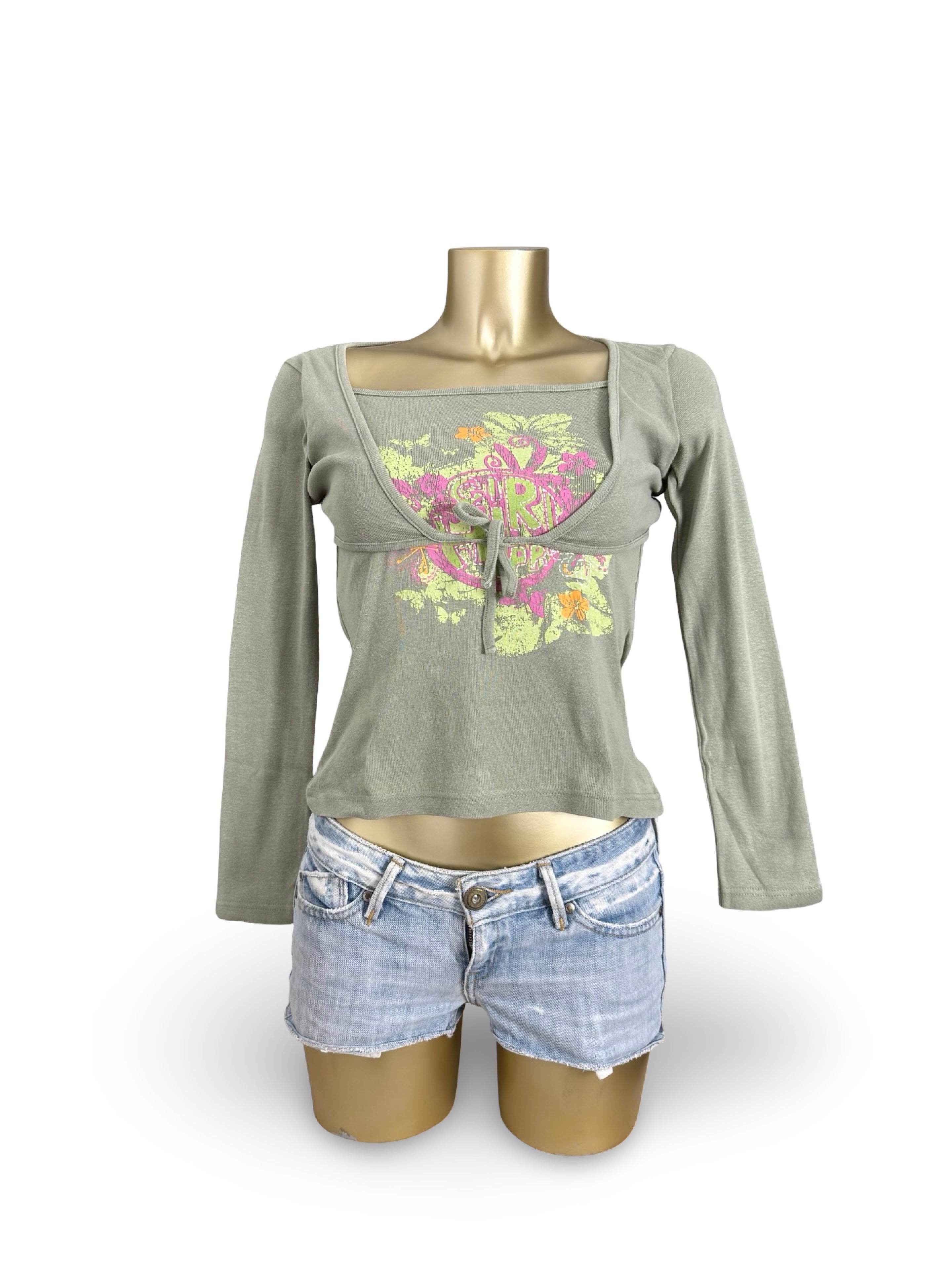 Khaki tie up bolero long sleeves top (S)