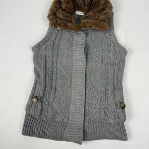 Grey faux fur neck knitted sleeveless cardigan jumper (S)