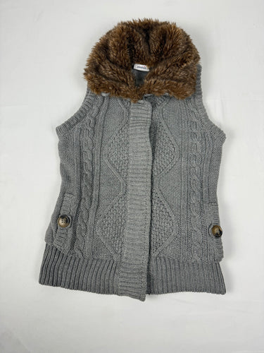 Grey faux fur neck knitted sleeveless cardigan jumper (S)