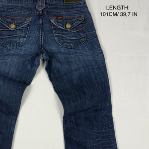 Blue denim low rise flare pants (XS)