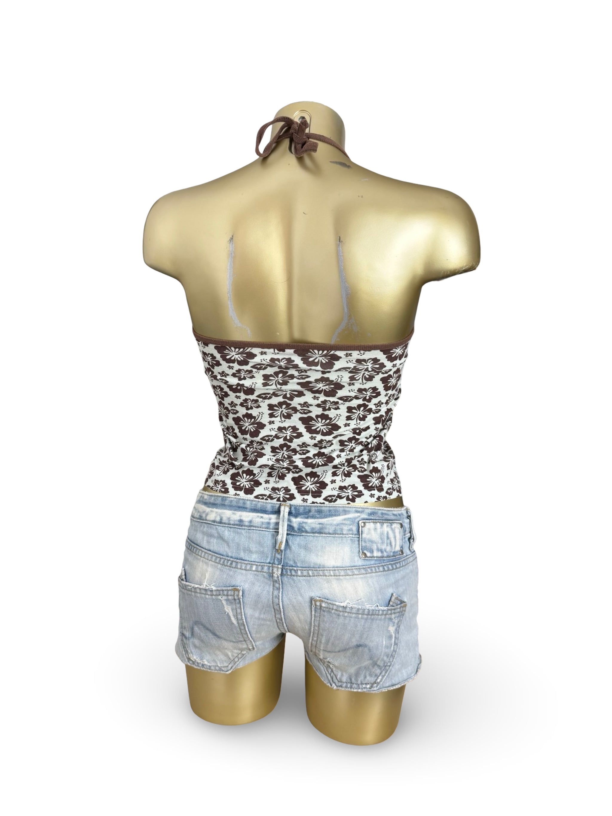 Brown hibiscus floral halter top (XS)