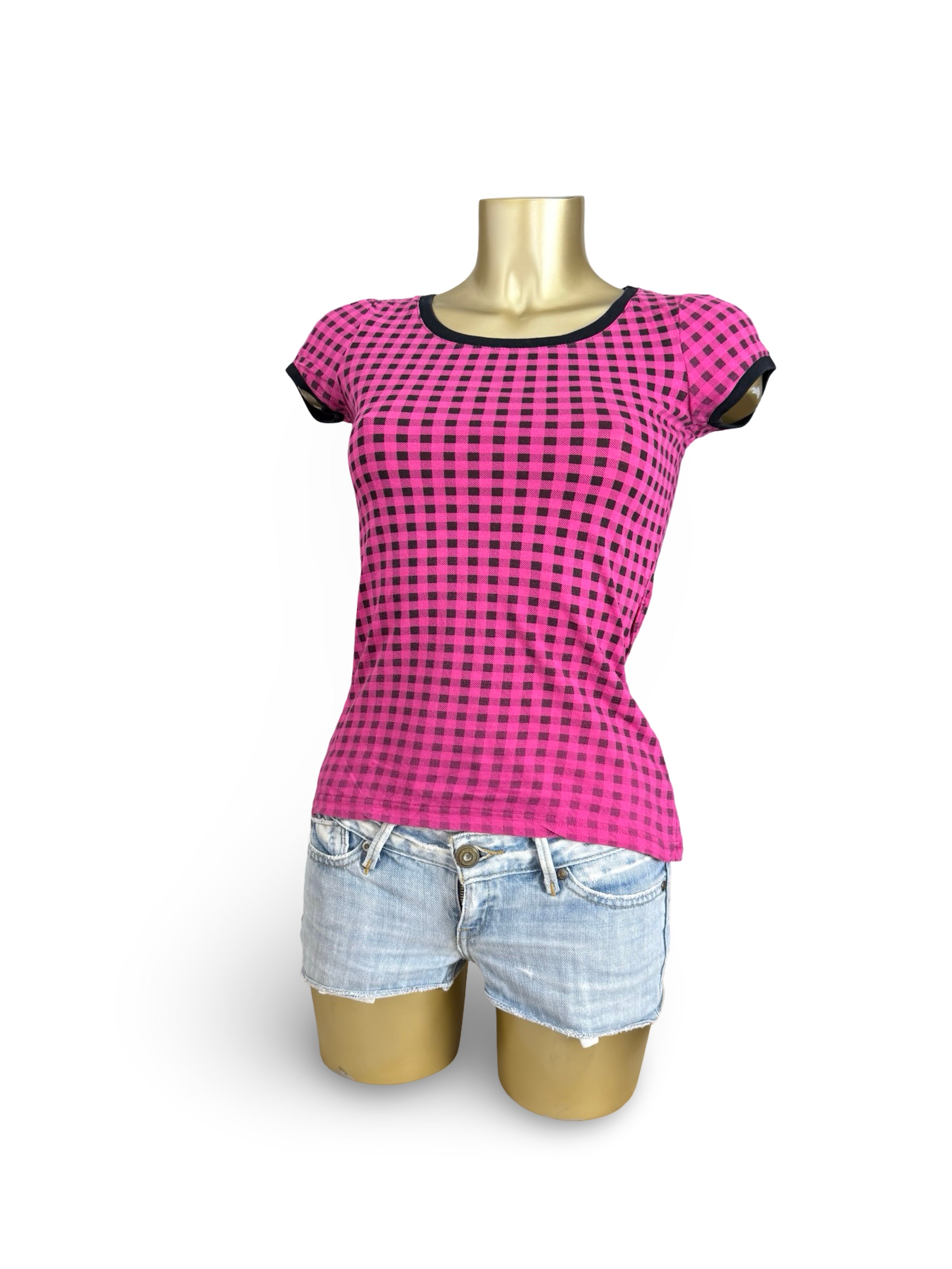 Pink check print cotton tee (S)
