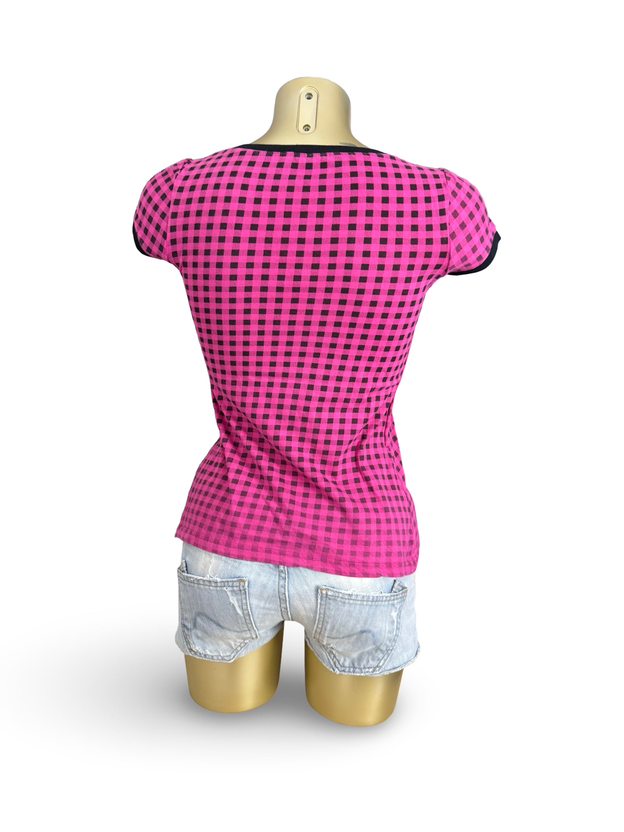 Pink check print cotton tee (S)