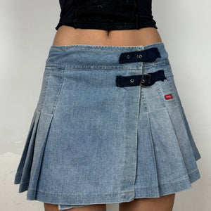 Blue denim low rise pleated mini skirt (S/M)