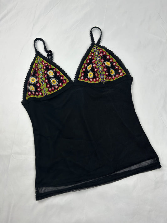 Black embroidered mesh cami top (S/M)