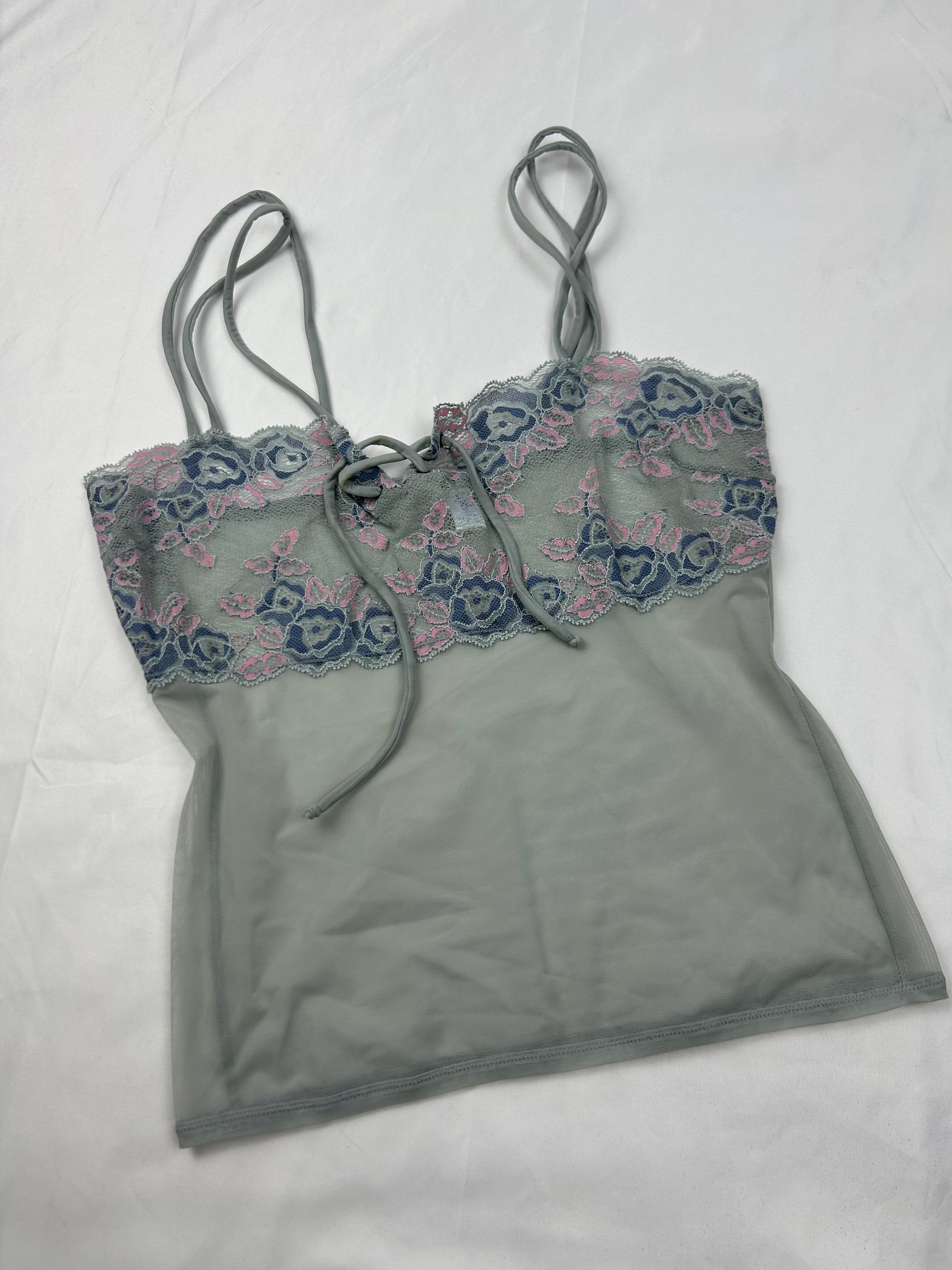 Grey embroidered mesh cami top (M)