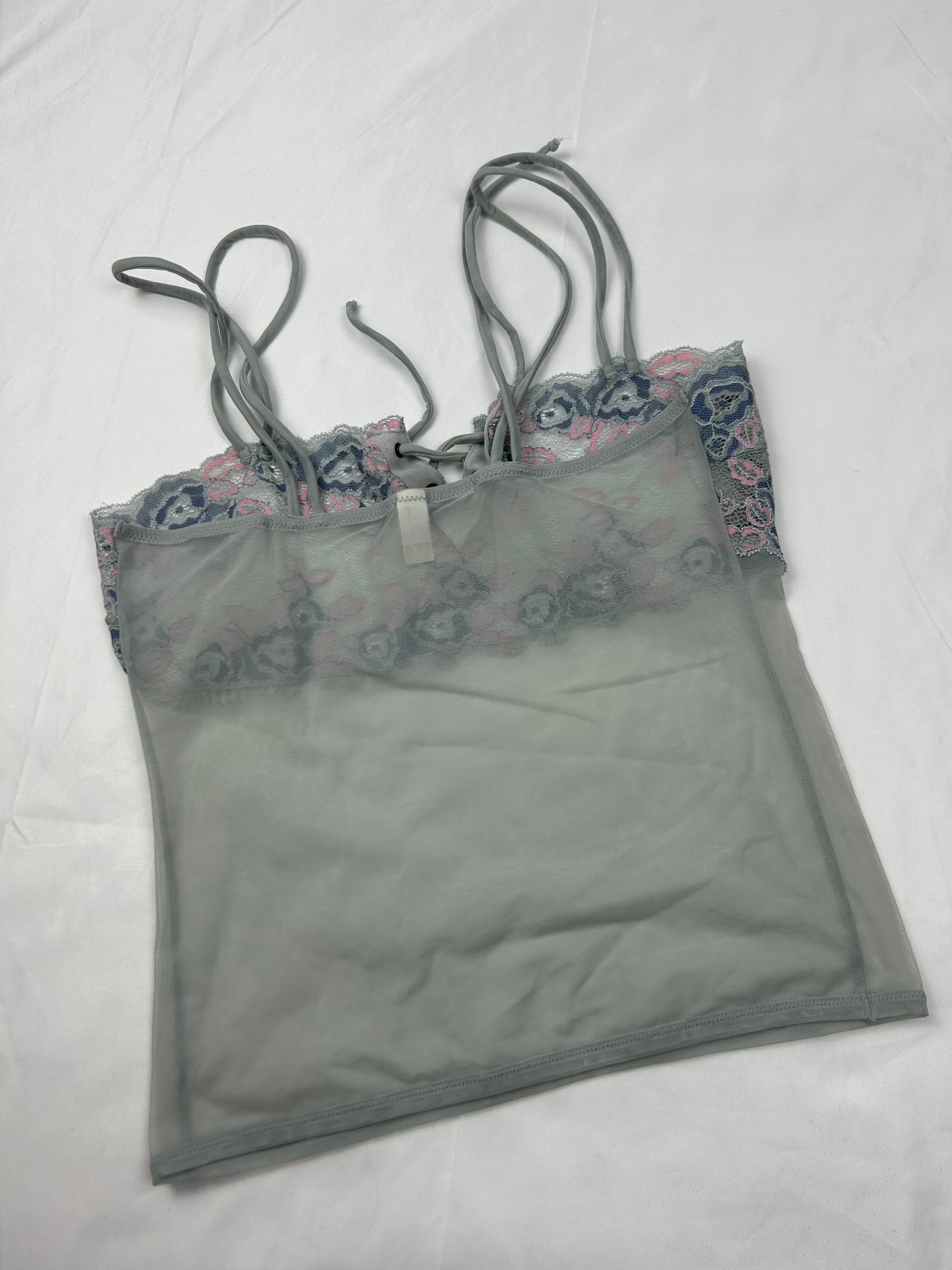 Grey embroidered mesh cami top (M)
