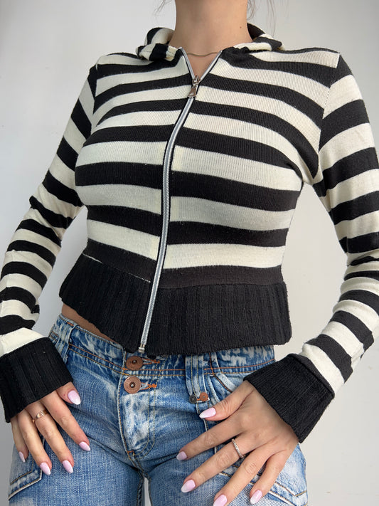 Striped black & white knitted zip up hoodie (S/M)