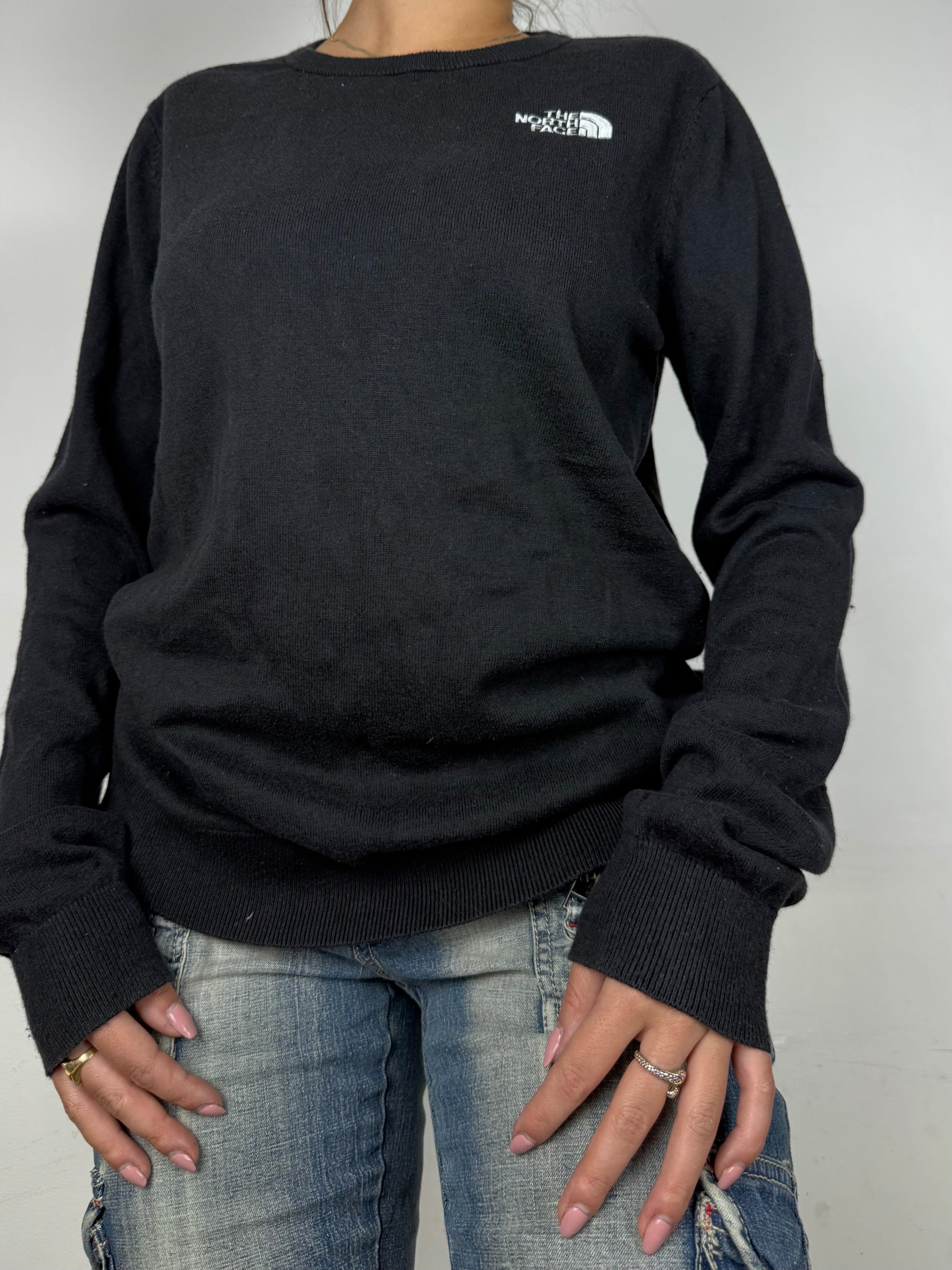 Black cotton round neck logo jumper (M)