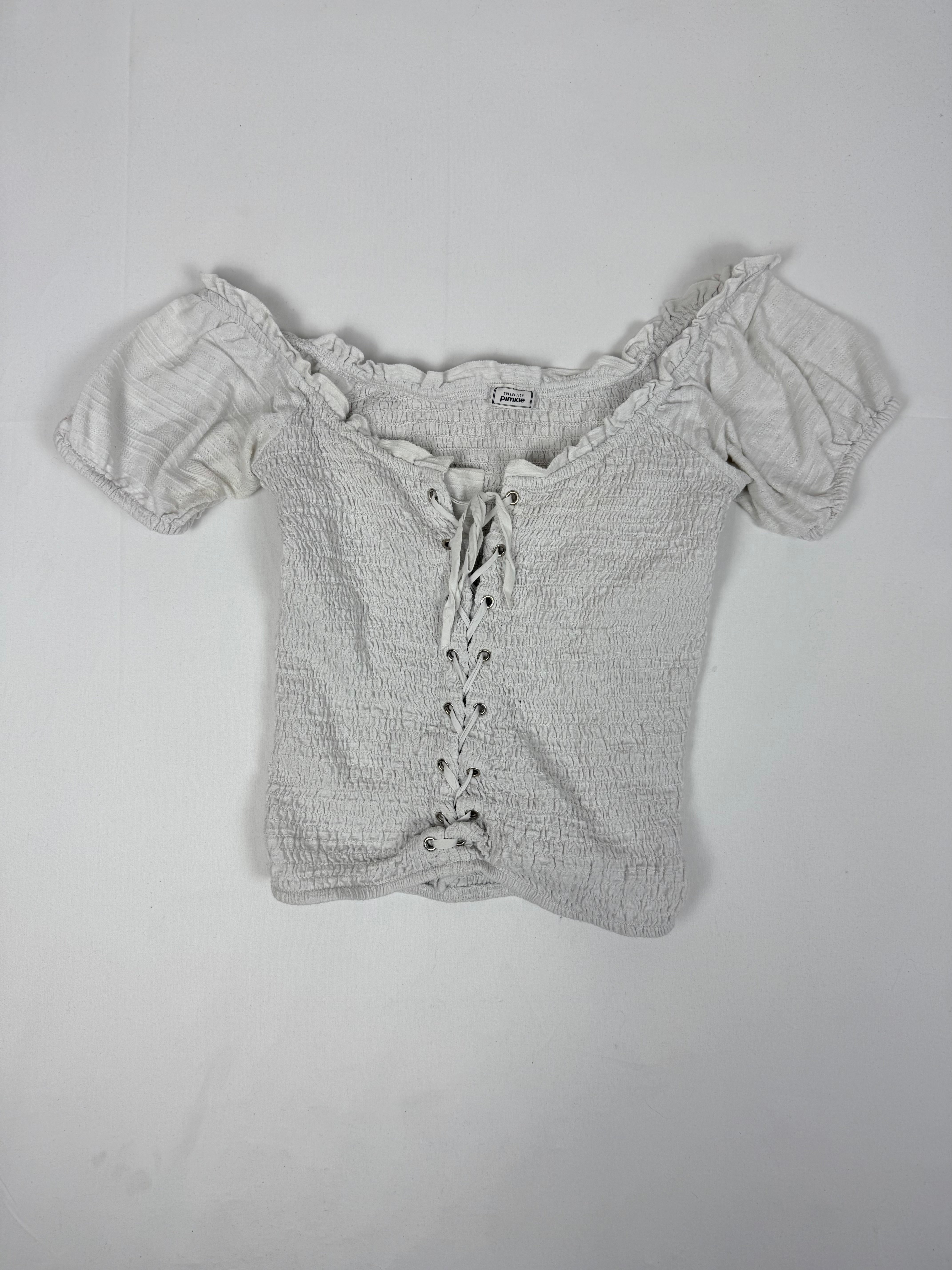 White bardot neckline ruched lace up coquette tee (S/M)