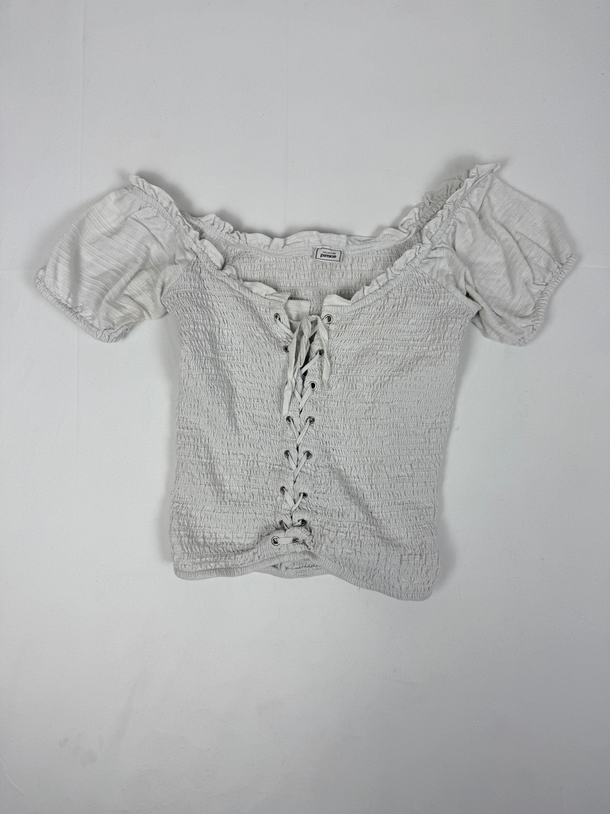 White bardot neckline ruched lace up coquette tee (S/M)