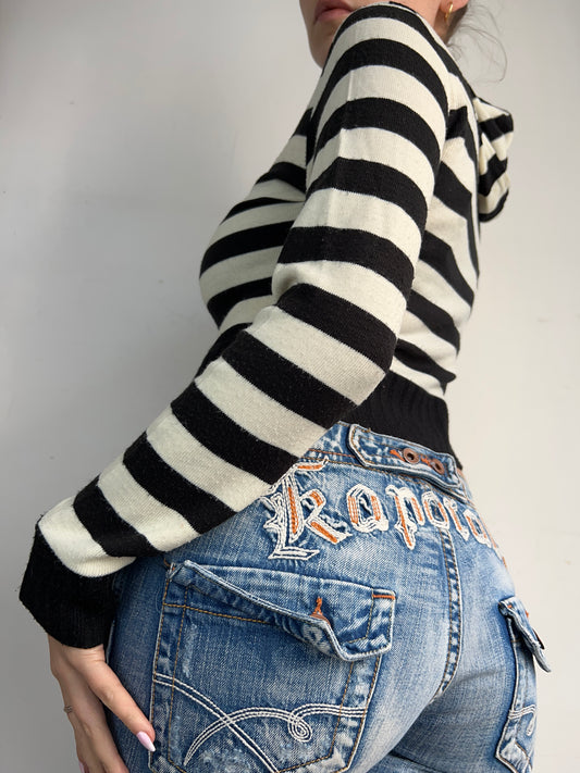 Striped black & white knitted zip up hoodie (S/M)