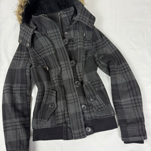 Grey check print inside fur zip up winter hooded biker jacket (S/M)
