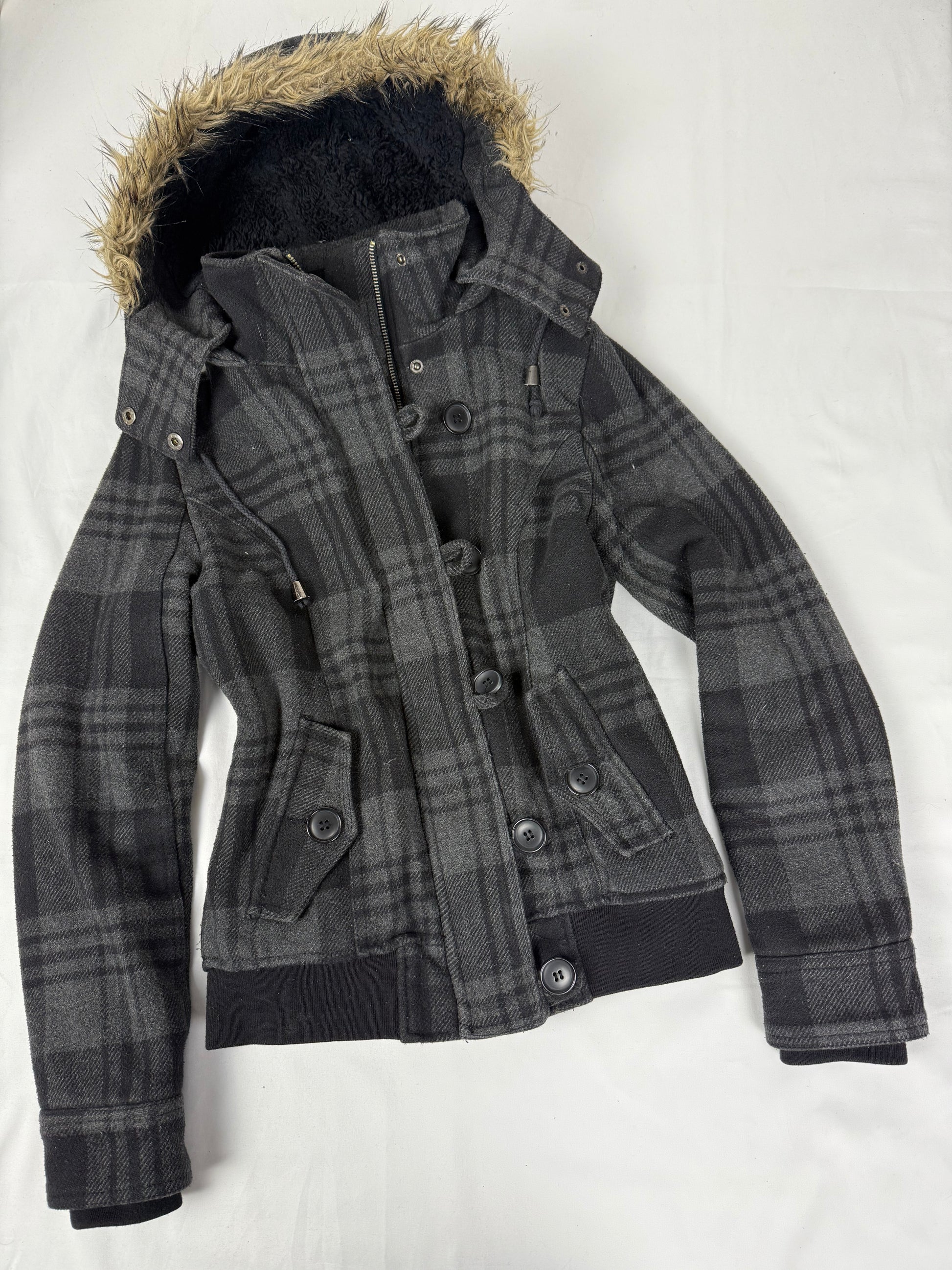 Grey check print inside fur zip up winter hooded biker jacket (S/M)