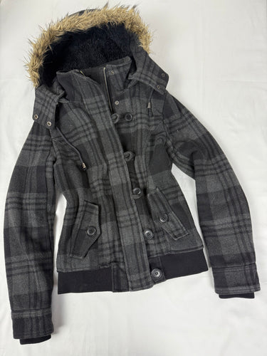 Grey check print inside fur zip up winter hooded biker jacket (S/M)
