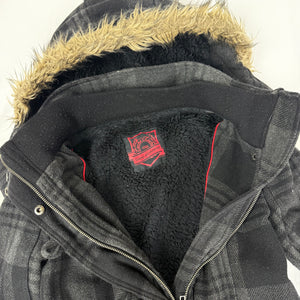 Grey check print inside fur zip up winter hooded biker jacket (S/M)